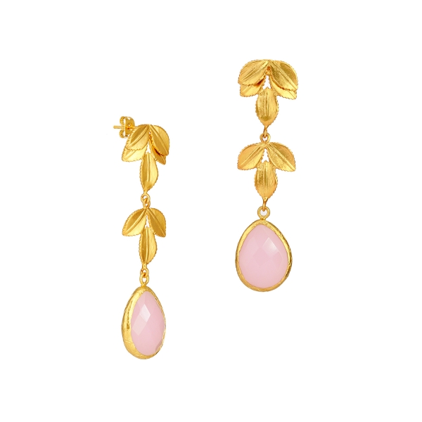 Fashionable earring, brass goldplated, with Rosequartz