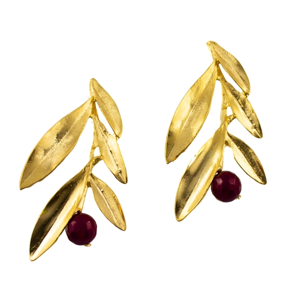 Fashionable earring, brass goldplated, red Jade