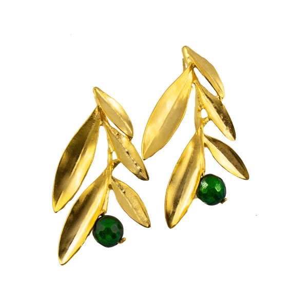 Fashionable earring, brass goldplated, with green Jade