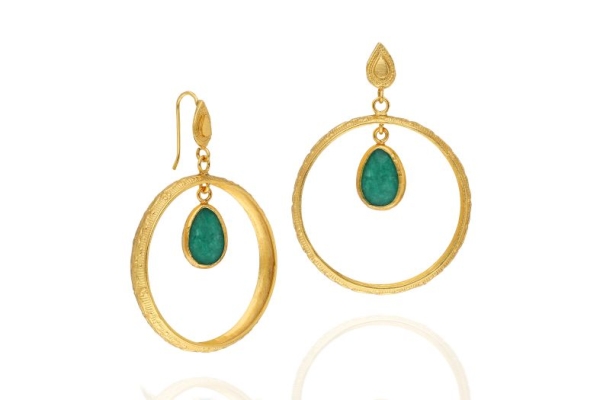 Earring made from brass, goldplated, turquoise-green Jade