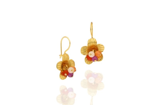 Earring made from brass, goldplated, peach, orange, pink Chalcedony