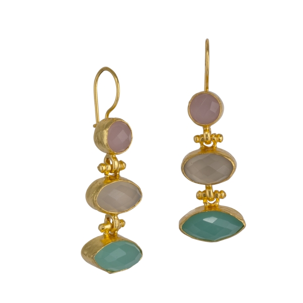 Earring made from brass, goldplated, Aqua Chalcedony, Chalcedony, Rosequartz