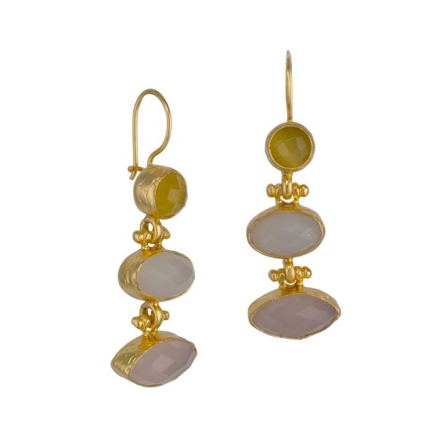 Earring made from brass, goldplated, yellow Cateye, Chalcedony, Rosequartz