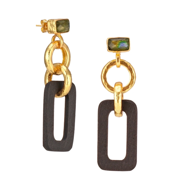 Earring made from brass, goldplated, horn, Labradorite