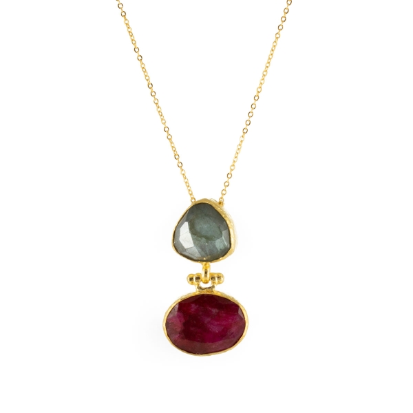 Necklace made from brass, goldplated, with Ruby and Labradorite