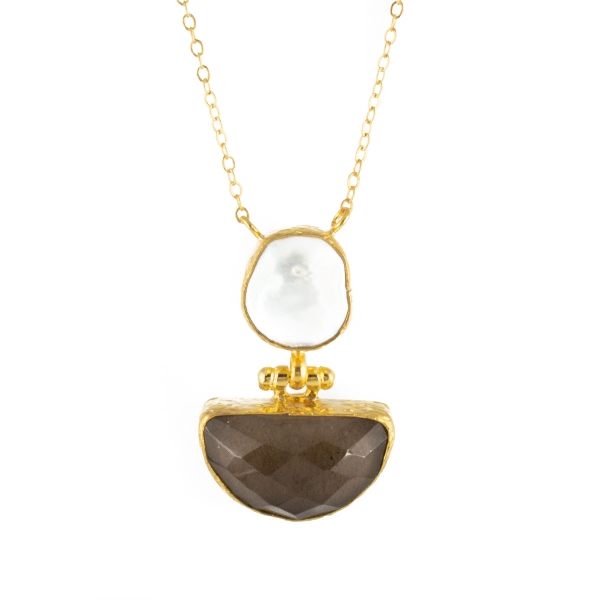 Necklace made from brass, goldplated, smoky Quartz + baroque pearl