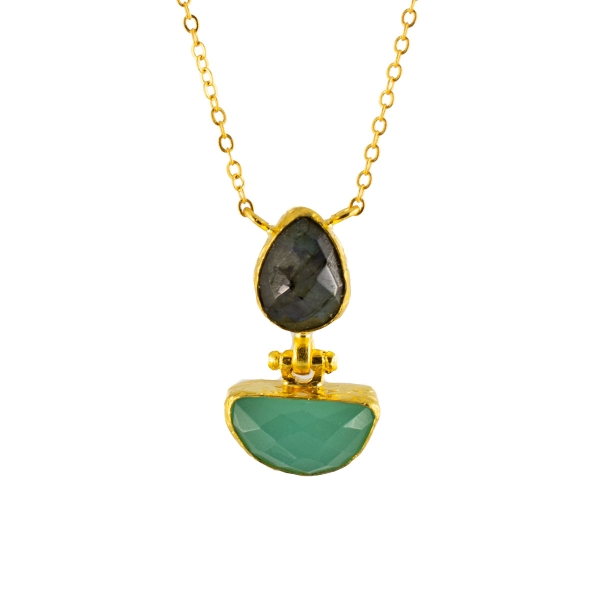 Necklace made from brass, goldplated, aqua Chalcedon, Labradorite