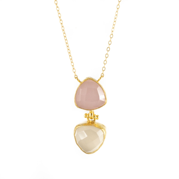 Necklace made from brass, goldplated, with white Chalcedony and Rosequartz