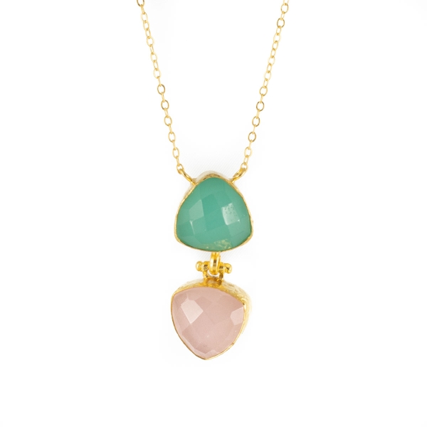 Necklace made from brass, goldplated, with aqua Chalcedony and Rosequartz