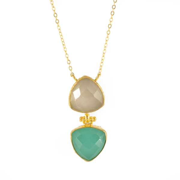 Necklace made from brass, goldplated, with aqua Chalcedony and white Chalcedony