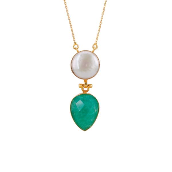 Necklace made from brass, goldplated, Amazonite + baroque pearl