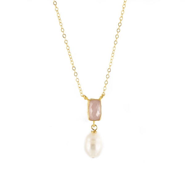 Fashionable necklace made from brass, goldplated with Rosequartz and baroque pearl