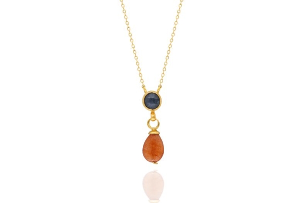 Necklace made from brass, goldplated, orange, greyblue Chalcedony