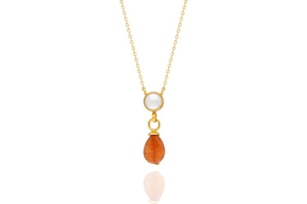 Necklace made from brass, goldplated, orange Chalcedony, pearl