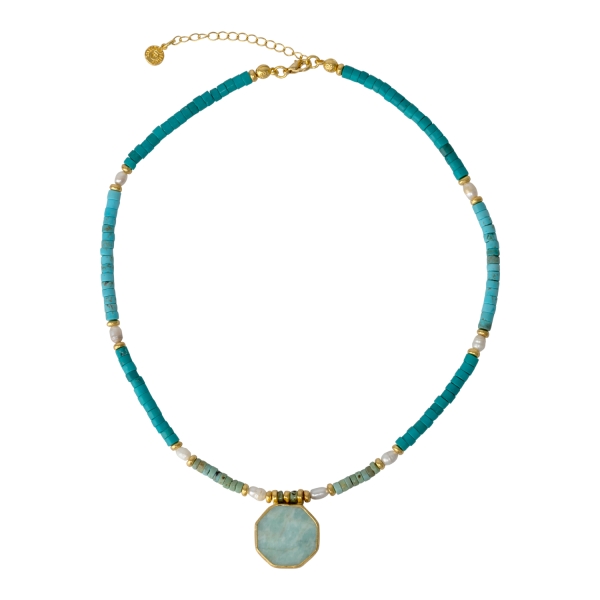 Necklace made from brass, goldplated, Chalcedony/Turquoise, pearl