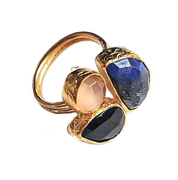 Ring aus Messing vergoldet, Onyx, Lapislazuli, Dusty Pink Katzenauge