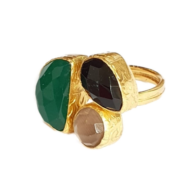 Ring made from brass, goldplated, green Jade, Onyx, dusty pink Cateye