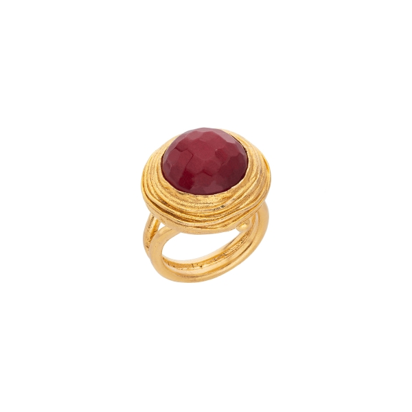 Ring made from brass, goldplated, red Jade