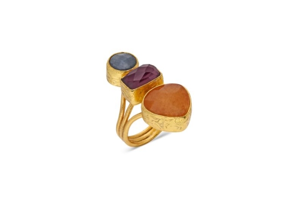 Ring aus Messing, vergoldet, oranger, graublauer Chalcedon, Amethyst