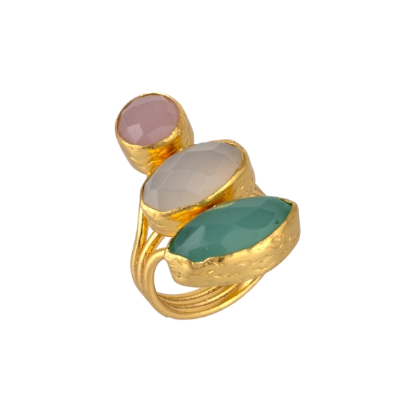 Ring made from brass, goldplated, aqua Chalcedony, Chalcedony, Rosequartz