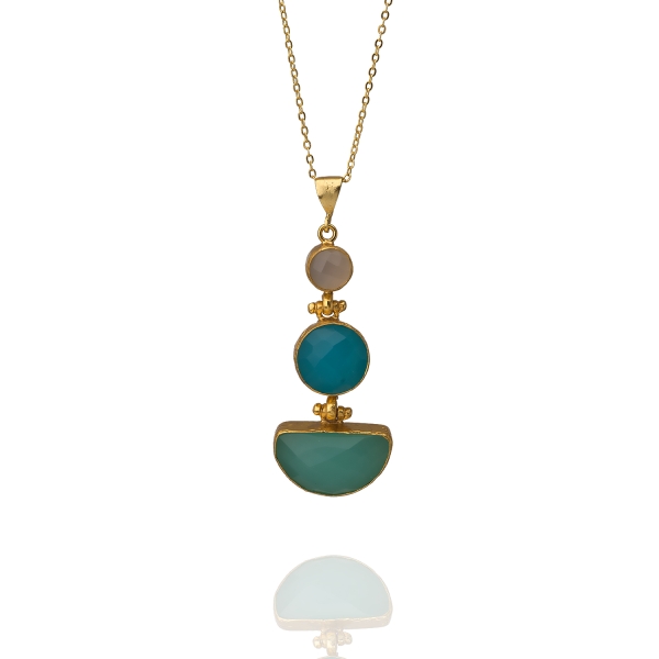 Necklace made from brass, goldplated, white, blue, aqua Chalcedony