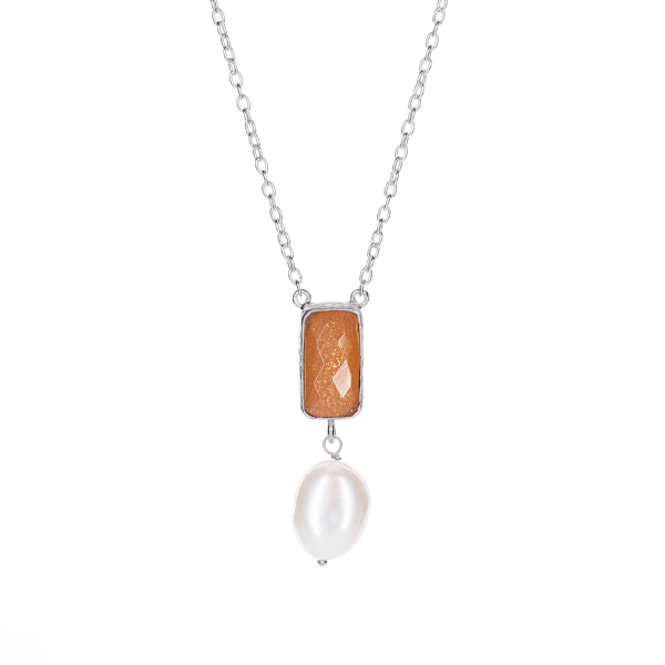 Necklace made from 925 silver, pearl/peach moonstone