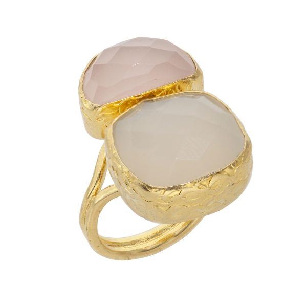 Ring made from brass, goldplated, with Rosequartz and white Chalcedony