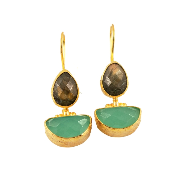 Earring made from brass, goldplated, aqua Chalcedony, Labradorite