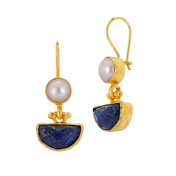 Earring made from brass, goldplated, Lapislazuli, pearl