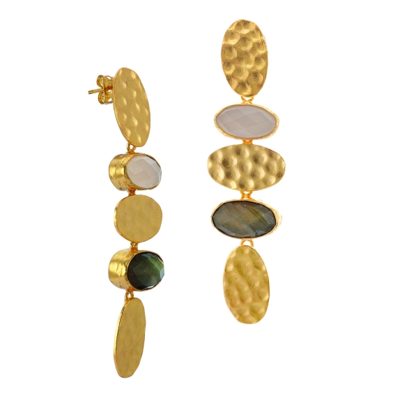 Earring made from brass, goldplated, Labradorite, Chalcedony