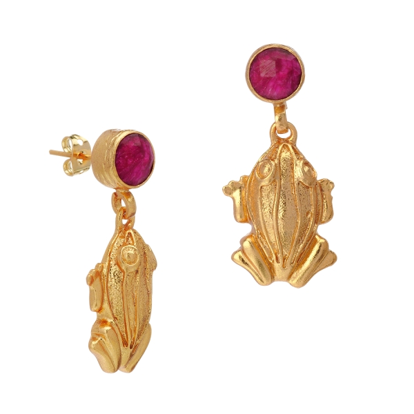 Earring  made from brass, goldplated, Ruby