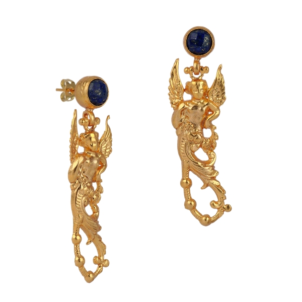 Earring  made from brass, goldplated, Lapislazuli