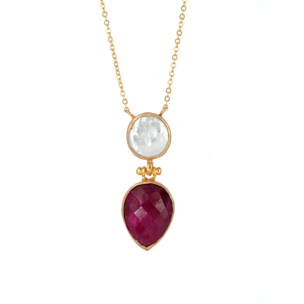 Necklace made from brass, goldplated, Ruby + baroque pearl