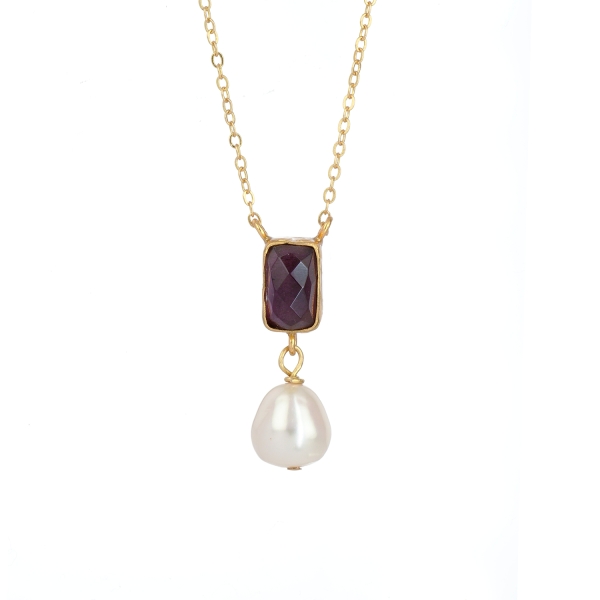 Fashionable necklace made from brass, goldplated with Amethyst and baroque pearl