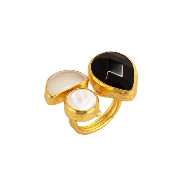 Ring made from brass, goldplated, Onyx/Chalcedony/baroque pearl